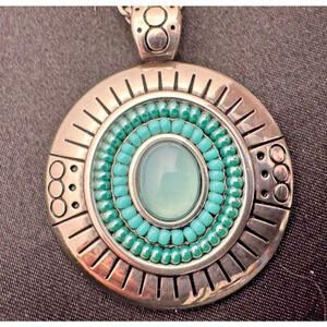Brighton Turquoise Blue Necklace Pendant Medallion Silver Plated Cabochons